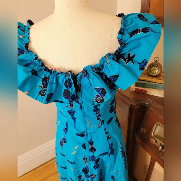 Vintage Blue Hawaiian Mid Century Seahorse Print Maxi Dress Ruffle Medium - Picture 9 of 11